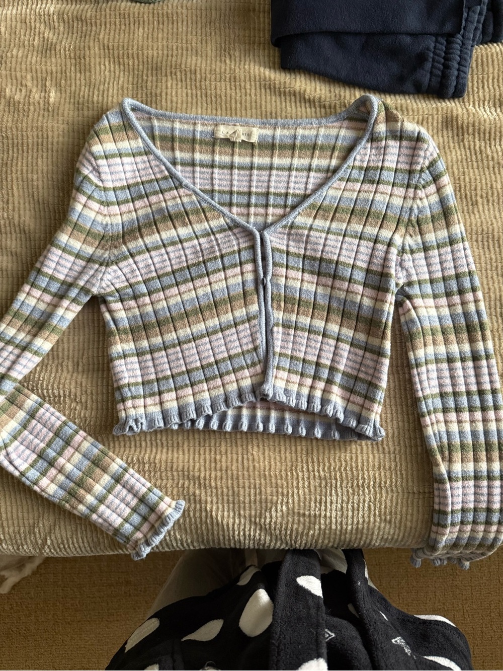La Hearts Striped Ribbed Cropped Cardigan in Pastel Blue, Green & Pink